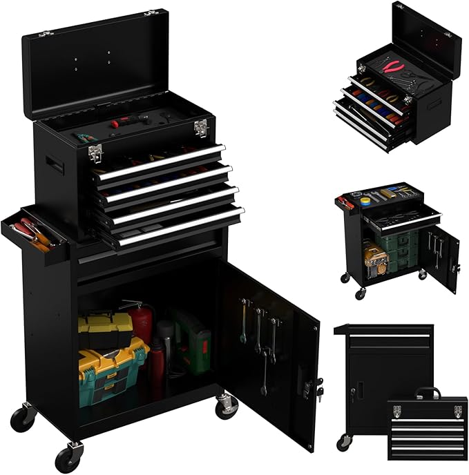 5-Drawer Rolling Tool Chest,Garage Storage Tool Box with Wheels,Lockable and Detachable Tool Cabinet,Heavy Duty Metal Tool Cart with Wheels for Garage,Warehouse,Workshop (Black)