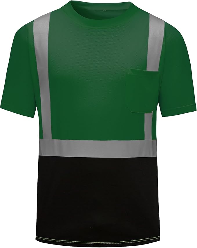 High Visibility Shirts Quick Dry Safety T Shirts with Reflective Strips and Pocket Short Sleeve Mesh Hi Vis Construction Work Class 2 Shirt for Men/Women Black Bottom Green,5XL
