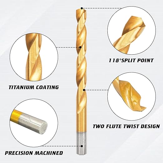 SAE 99PCS Titanium Coated Drill Bit Set, 135° Tip High Speed Steel, Twist Drill Bit Set with Storage Case for Aluminum, Copper, Soft Alloy Steel, Wood, Plastic Size from 1/16" to 3/8"