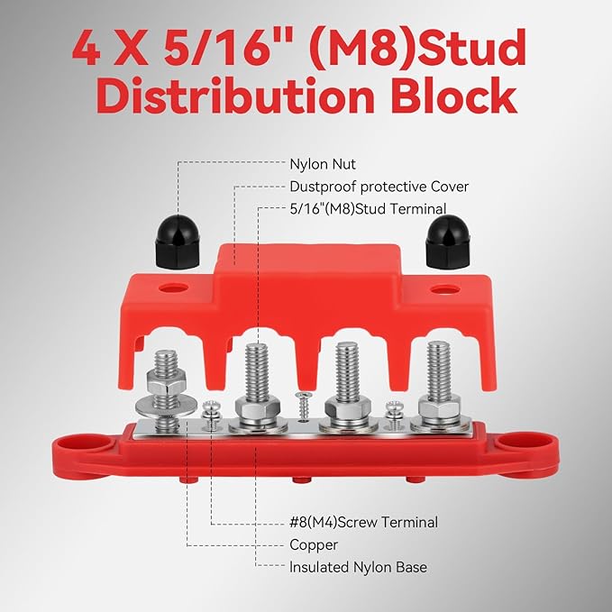 Heart Horse Power Distribution Block Bus Bar 5/16'' Terminal Stud 4 Post with Cover 250 Amp Rating for Marine Automotive and Solar Wiring RV Boat (250A, 5/16'', Red+Black)