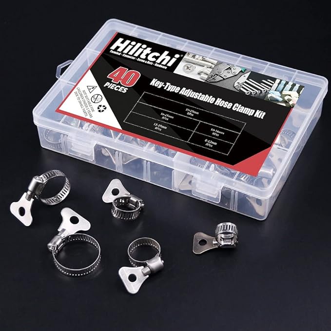 Hilitchi 40-Pcs 8-29mm Clamping Range Butterfly Key-Type Adjustable Hose Pipe Worm Gear Clamps Assortment Kit, Clamps Ideal for Plumbing, Automotive - - 304 Stainless Steel