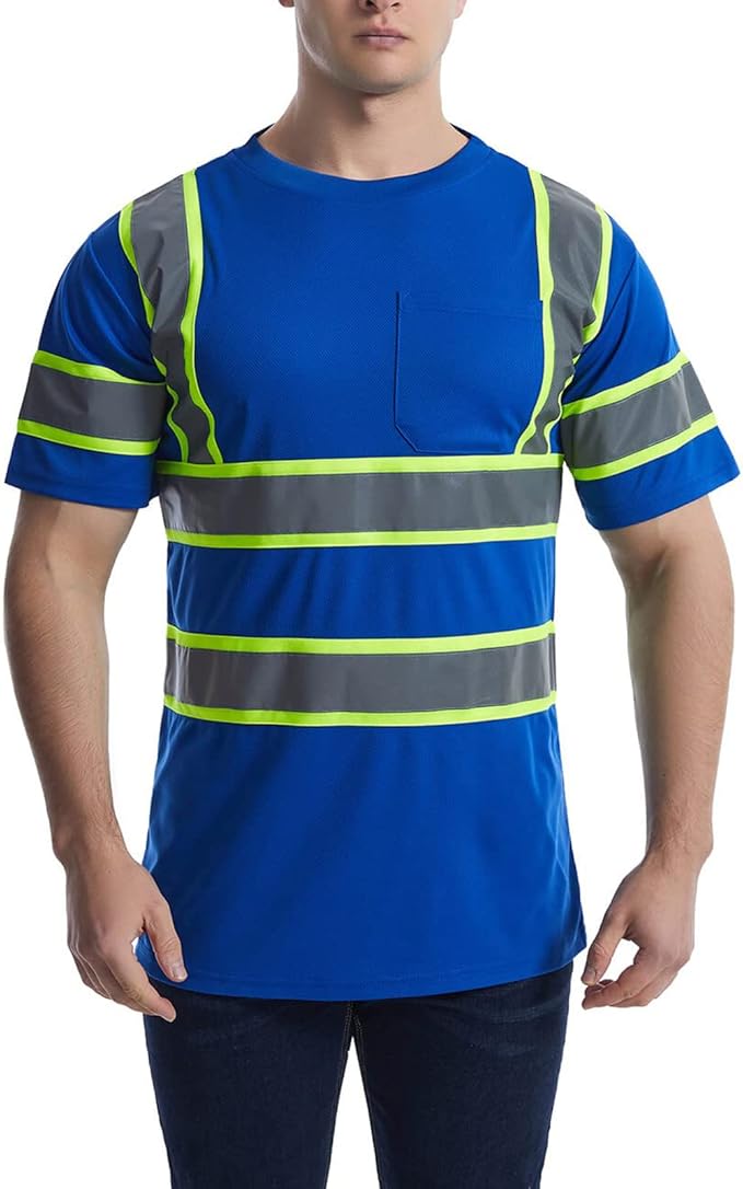 High Visibility Shirts Quick Dry Safety T Shirts with Reflective Strips and Pocket Short Sleeve Mesh Hi Vis Construction Work Class 2 Shirt for Men/Women Blue,5XL