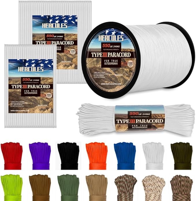 HERCULES Type III Paracord 550 Paracord Rope Parachute Cord, 100' White for Survival Rope, Survival Cord