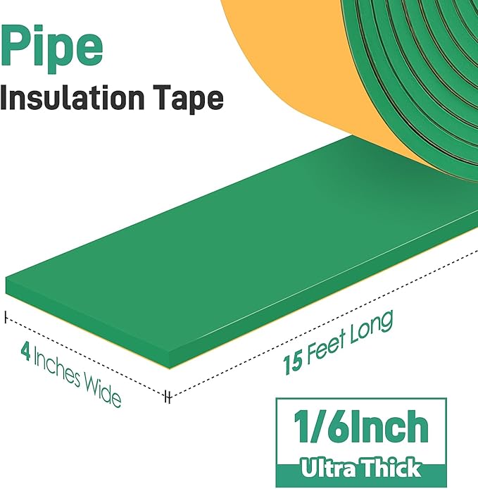 Pipe Insulation Tape, Foam Insulation Tape for Outdoor Pipes Winter Freeze Protection, Foam Pipe Insulation Wrap, Heat Tape for Water Pipes, Copper Pipes, PVC, AC Line, 4in x 15ft, Green
