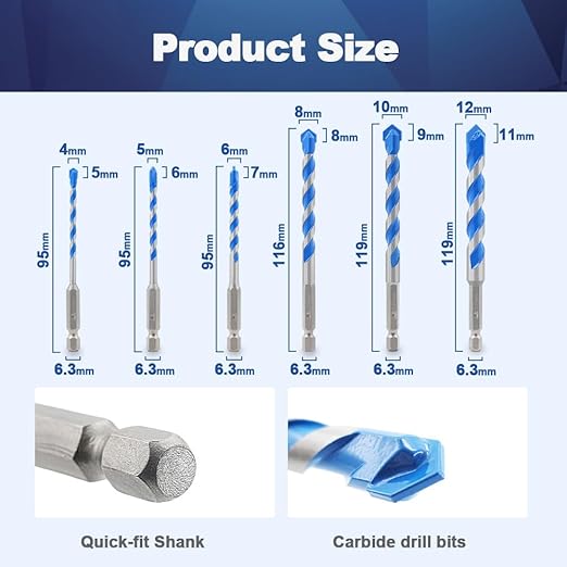 Carbide Drill Bit Set - Dry Drill Bit Set for Masonry, Concrete, Bricks, Wood, Plastic etc(5MM*5Quick-fit Shank)