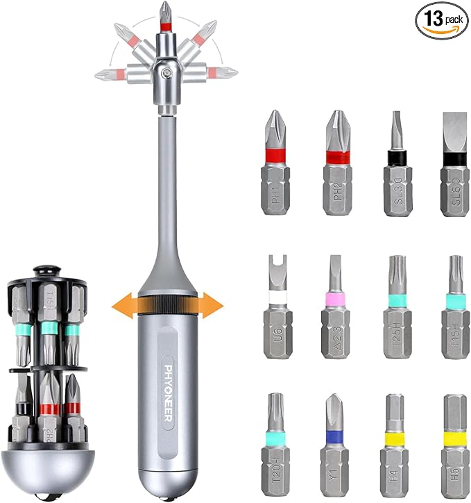13-in-1 Ratcheting Screwdriver Set with 12 S2 Driver Bits, Direction Converter, and Magnetic Storage - Durable Aerospace Aluminum Handle for Household and Automotive Use.