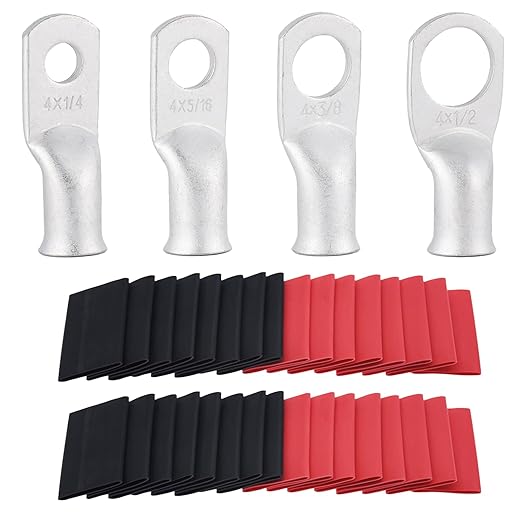 62PCS 4 AWG Tinned Ring Terminal Heat Shrink Tubing Set Copper Wire Lugs 4 Gauge 5/16", 3/8", 1/4", 1/2", 30Pcs Battery Cable Ends and 32PCS Heat Shrink Tubing