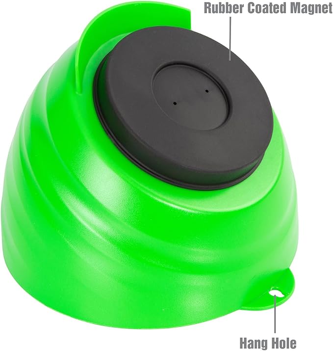 OEMTOOLS 25115 Green Magnetic Nut Cups, 2 Pack, Each Curved Magnetic Parts Tray Holds Up to 5 Pounds, Attaches To Metal Surfaces, Multi-Use Nuts And Bolts Organizer Set Made From Durable ABS Plastic