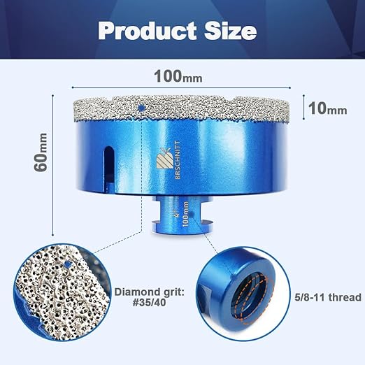 4 Inch Diamond Core Drill Bit for Porcelain Tile Ceramic Marble Granite Drilling,BRSCHNITT 1pc Vacuum Brazed Diamond Hole Saw with 5/8-11 Thread (100mm)