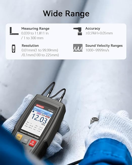 Wintact Digital Ultrasonic Thickness Gauge, Range 0.039 to 11.81 in with Probe for Measuring Metal and Nonmetal Materials, Steel, Cylinder Wall, Plastic, Glass, PVC, Pipes
