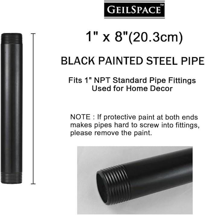 GeilSpace 1" × 8" Pre-Cut Black Metal Pipe, Industrial Steel Fits Standard One Inch Threaded Pipes and Fittings - Vintage DIY Industrial Shelving (1" × 8", Black)