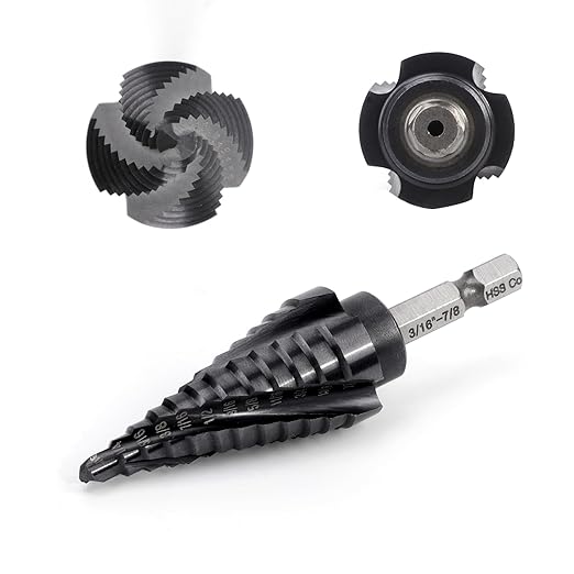 COMOWARE M35 Cobalt Step Drill Bit, 4 Spiral Flute, Step bit with 3/8" Hex Shank, 12 Sizes (3/16" to 7/8"), Steps bits for Metal, Stainless Steel, Aluminum/Wood/Plastic, Unibit for Electricians & DIY