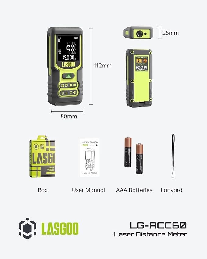 Laser Measure, LASGOO 60m/197ft Laser Measurement Tool, Laser Distance Meter with Ft/in/M Multiple Units, LCD Backlit Display, Pythagorean Mode, Area and Volume, Battery Included