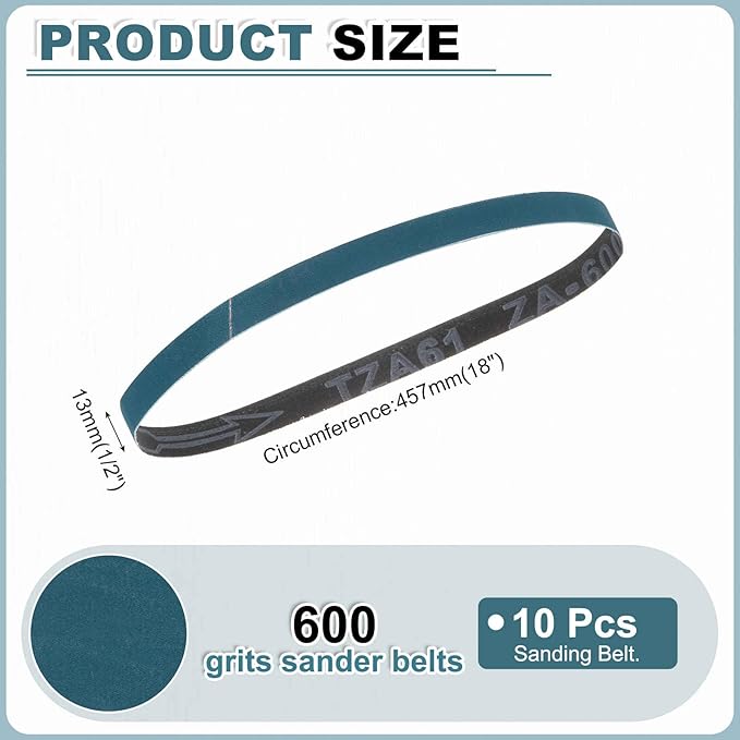 HARFINGTON 1/2 x 18 Inch Sanding Belts, 10 Pcs 600 Grit Zirconia Abrasive Belt Sander File Belt for Woodworking, Metal Polishing, Knife Sharpener
