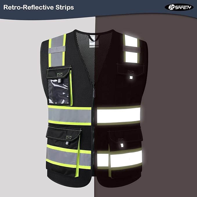 JKSafety Hi Vis Reflective Safety Vests for Men Women High Visibility Vest with Pockets Mesh Fabric Construction Safety Apparel Neon Vest for Work (220-Black 5XL)