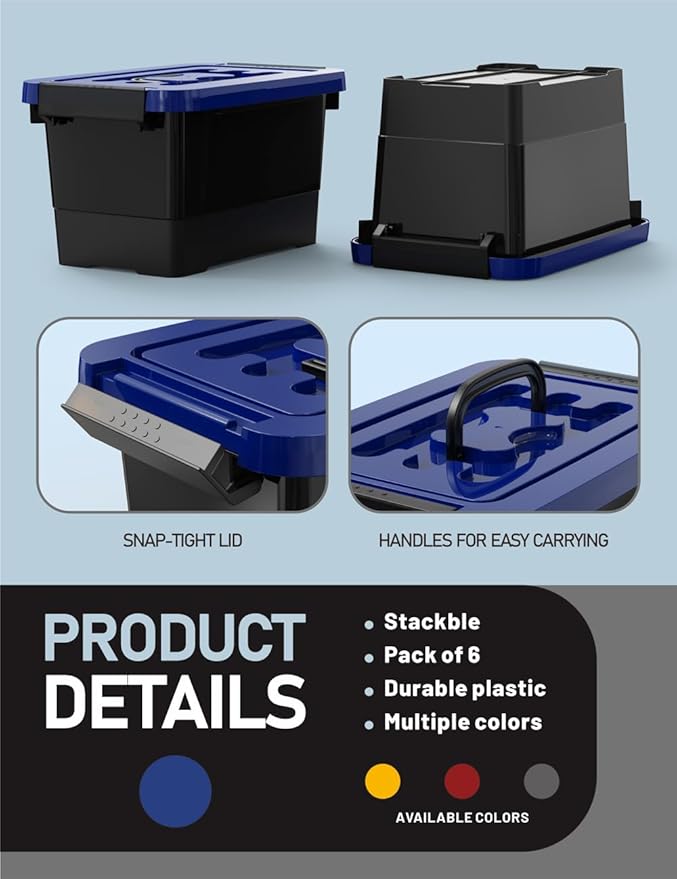 WYT Plastic Storage Bins with Lids and Latch, 6-Pack Small Stackable Plastic Organizing Box with Buckle and Handle, 3.5 Quart Durable Nestable Totes Containers (Black/Blue)