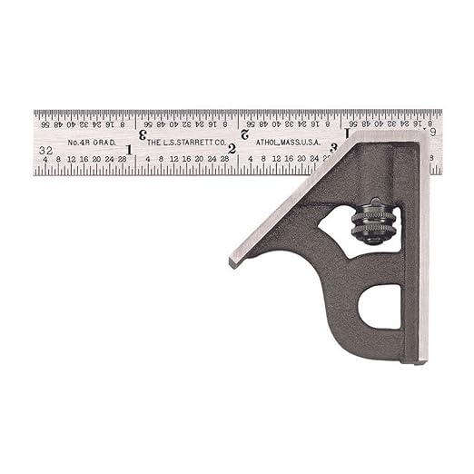 Starrett Steel Combination Square with Square Head - 4" Blade Length, Cast Iron Heads, Hardened Steel, Reversible Lock Bolt, 4R Graduation Type - 11H-4-4R