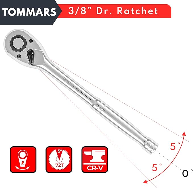 TOMMARS 3/8 inch Drive Ratchet, 72-Tooth Quick-Release Socket Ratchet Wrench Handle Reversible