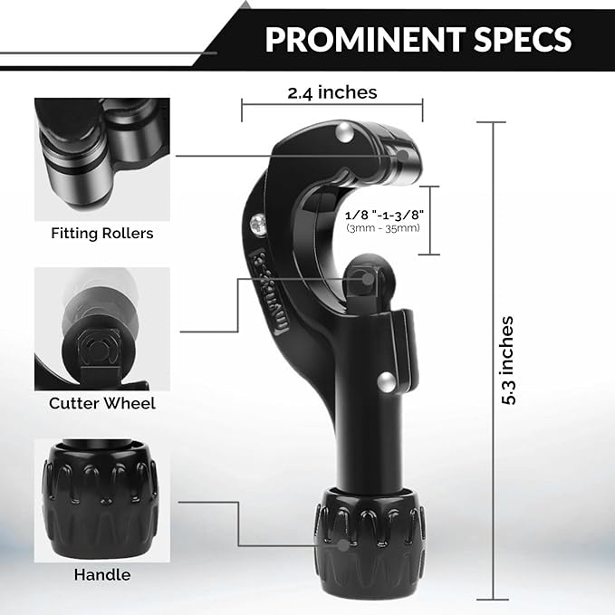 Flexzion Tube Cutter, Heavy Duty Tubing Pipe Cutter, 1/8 to 1-3/8 inch Cutting Diameter w/Reamer, Ideal for Cutting Copper, Aluminum, Brass, Steel, Plastic and More