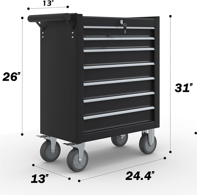 7-Drawer Rolling Tool Chest,Metal Rolling Tool Chest with Wheels and Locking Tool Box,Portable Metal Tool Box for Warehouse,Garage, Repair Shop, Workshop (Black, 7-Drawer)