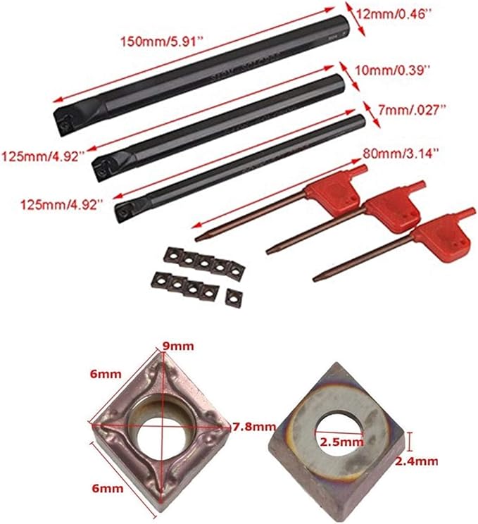 13PCS Indexable Lathe Turning Tool Kit,3pcs Metal Lathe Tool Holder S07K/S10K/S12M-SCLCR06 with 10pcs CCMT060204 Carbide Inserts for Cutting Threading Grooving