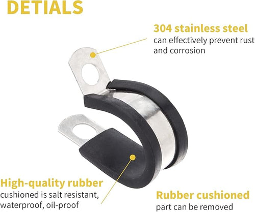 24pcs Wire Clamps Stainless Steel 304 Cable Clamps Rubber Cushion, Pipe Clamp for wiring, lines, hoses and cables (3/4 Inch)