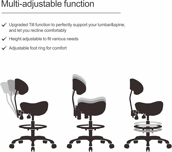 Grace&Grace Ergonomic Rolling Saddle Stool Chair with Wheels Adjustable Swivel Stool with Back and Footrest Heavy Duty for Esthetician, Artist, Dental, Medical, Spa, Salon, Cutting, Home Office