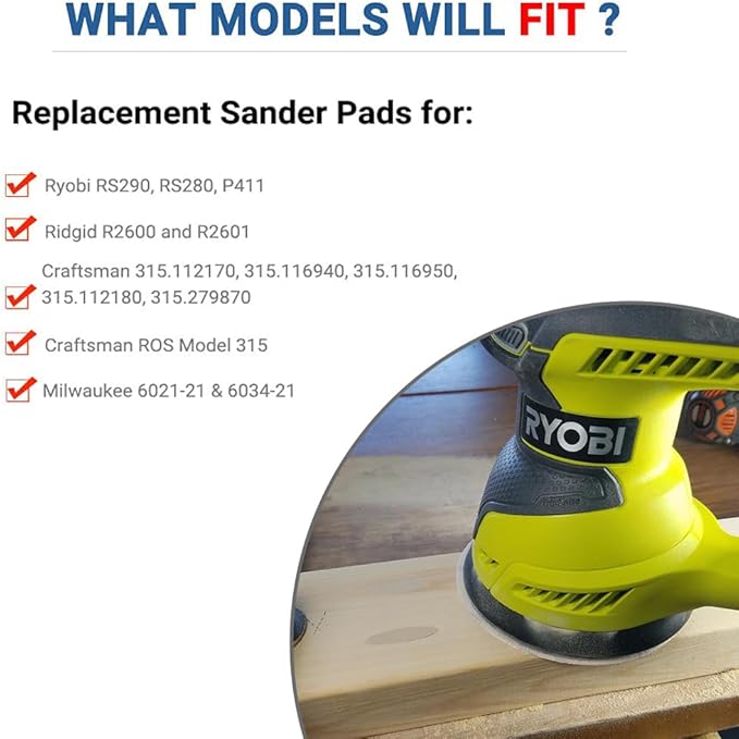 5 Inch Sander Replacement Pad for Ryobi RS290, RS240, RS280 Sander,4 Pack 5-Inch 8-Hole Hook and Loop Orbital Sander Pad Compatible with Rigid R2600, R2601 Random Orbit Sander
