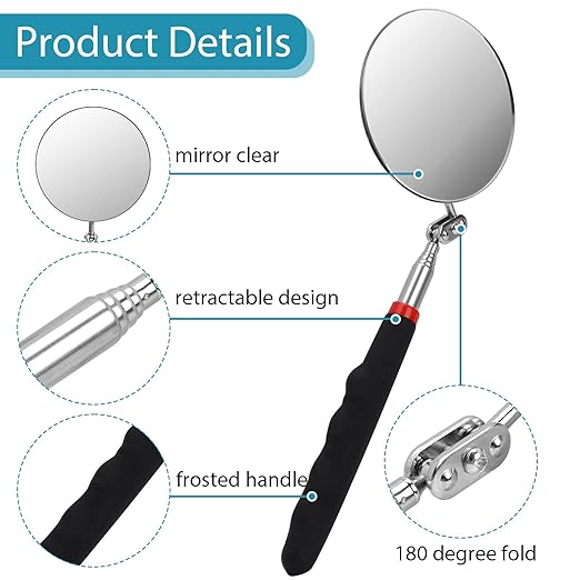 Telescoping Flexible Circular Mirror - 360 Rotation with Extended Handle - Round Inspection Mirror for Vehicle Condition (3 Inch Dia)
