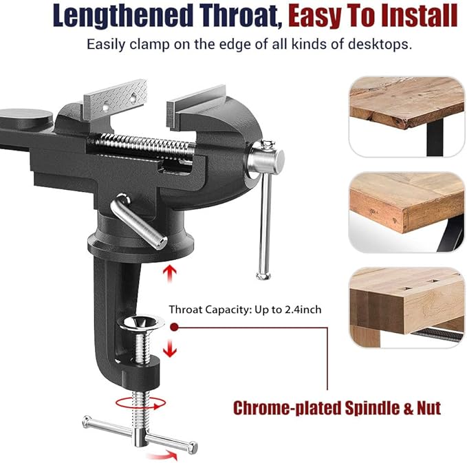 Nuovoware Table Vise 3 Inch, 360° Swivel Base Universal Home Vise Portable Bench Clamp, Clamp-on Vise Bench Clamps Fixed Tool for Woodworking, Metalworking, Cutting Conduit, Drilling, Sawing, Black