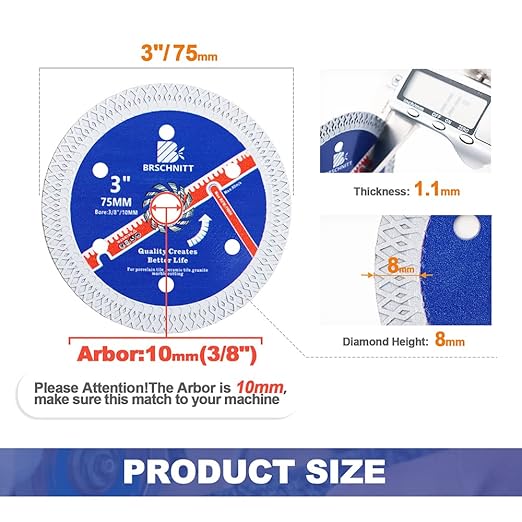 Super Thin Diamond Porcelain Saw Blade with X Teeth,BRSCHNITT3pcs 3 Inch (75mm) x Arbor 10mm Angle Grinder Diamond Cutting Disc for Dry/Wet Cutting Porcelain Tile Ceramic Marble Granite