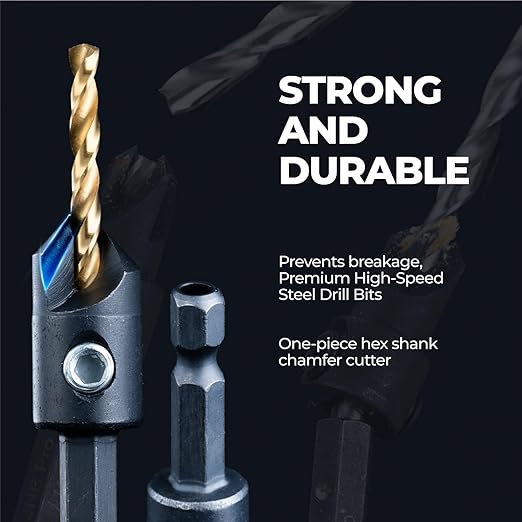 toolant Silence Combination Countersink Drill Bits Set, #4, #6, #8, #10, #12, High-Speed Steel Counter Sink Drill Bit Adjustable for US Wood Screw with Storage Case