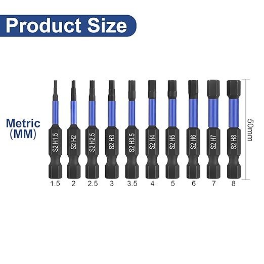 HPHOPE Impact Hex Head Allen Wrench Drill Bit Set 10 Pcs - Metric, S2 Steel Hex Bits Set, 1/4” Hex Shank with Magnetism, 50mm Long with Storage Box.