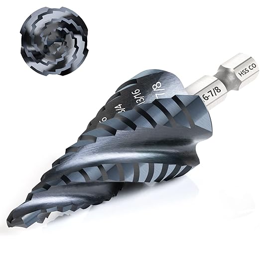 M35 Cobalt Step Drill Bit, Four Spiral Flute Unibit Step Drill Bit (3/16"-7/8") Wear-Resistant TiAlN Coated, 1/4" Hex Shank for Metal, Carbon Steel, Stainless Steel, Wood, Plastic (12 Size)