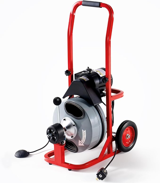 Albott 100 FT x 1/2 inch Electric Drain Cleaner Machine with Auto-Feed & 10 Cutters, Sewer Snake Auger for 1–4 Inch Pipes, Foot Switch & Wheels, Ideal for Home & Commercial Use, Gray/Red