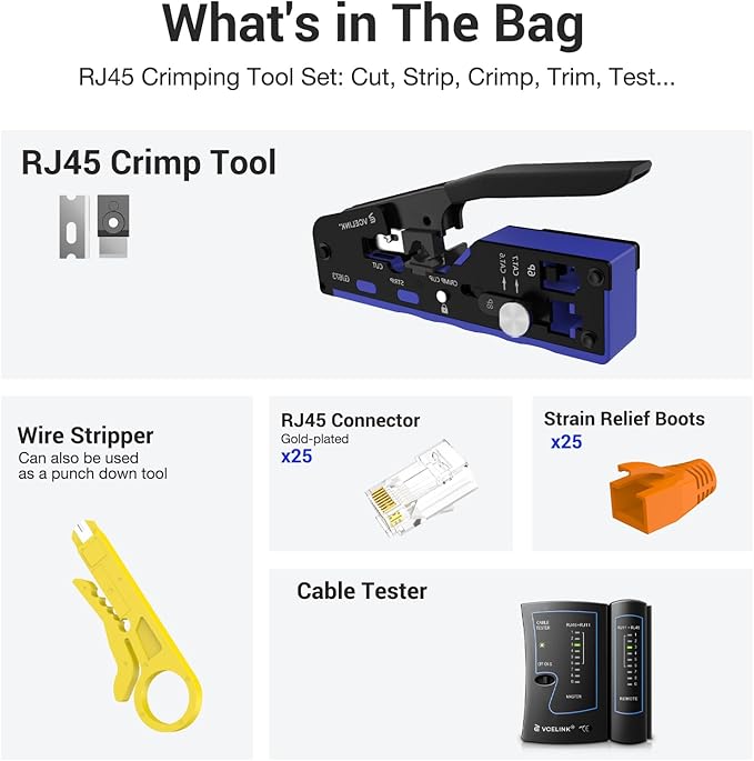 VCELINK Ethernet Crimping Tool Kit 53-in-1 for CAT7/CAT6A/CAT6/CAT5E/CAT5, RJ45 Crimp Tool Set with an Ethernet Crimper, Cable Tester, Wire Stripper,25 RJ45 connectors and strain relief boots-Blue
