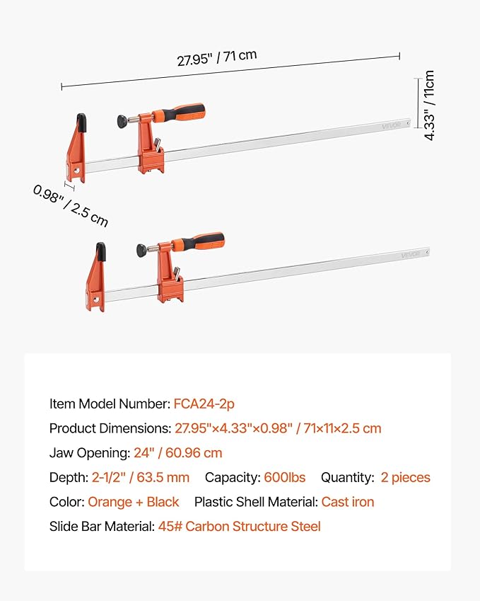 VEVOR Bar Clamps for Woodworking, 2-Pack 24 inch Opening, Lockable F-Clamp with 600 lbs Load Limit, 2-1/2 inch Depth, Cast Iron and Carbon Steel, Easy to Use, Wood Clamps for Woodworking Metal Working
