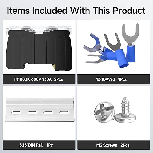 2Pcs DIN Rail Terminal Blocks with Cover, IN100BK 600V 130A 38mm² Electrical Connection Terminals, 4Pcs 12-10 AWG Insulated Fork Spade Wire Connectors & 3.15 Inch DIN Rail Included