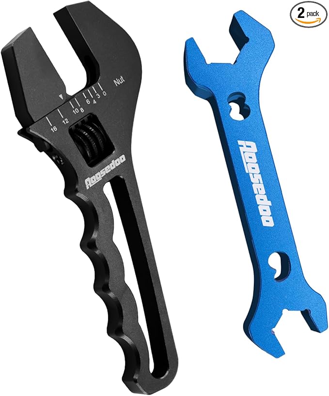 Adjustable AN Fittings Wrench For 3AN-16AN Hose Fitting Spanner Lightweight Aluminum Flat-ended Black With a 6AN-AN8 Double Hose End Fitting Wrench Blue