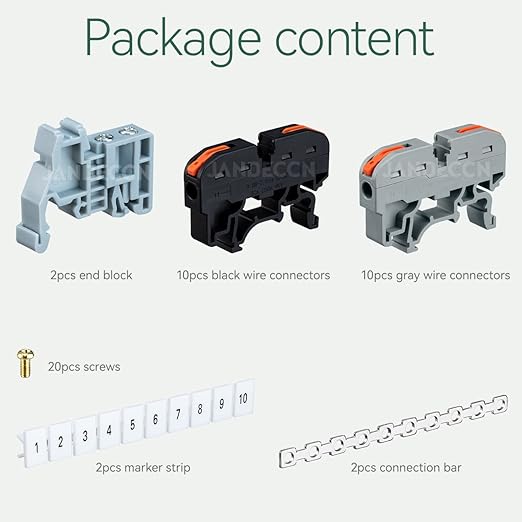 DIN Rail Terminal Blocks Kit, 20pcs Universal Compact Wire Connectors + 2pcs Connection Bar + 2pcs Marker Strip + 2pcs Terminal End Stopper + 20pcs Screws for 24-12 AWG