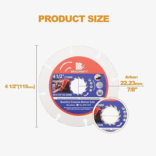 Carbide Multi Wheel,BRSCHNITT 4pcs 4-1/2 Inch (115mm) with Arbor 7/8" Tungsten Carbide Cut Off Wheel for Wood,Laminate,Gypsum Board,Plastic for Angle Grinder Cutting Disc