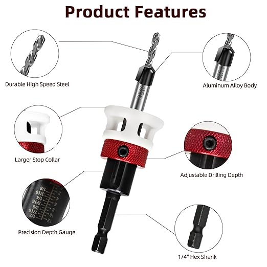 Countersink Drill Bit Set, Upgraded Larger Depth Stop, 5 PCS Replaceable HSS M2 Tapered Head, a Screwdriver Bit and a Wrench, 1/4" Hex Shank Counter Sink Drill Bit for Wood