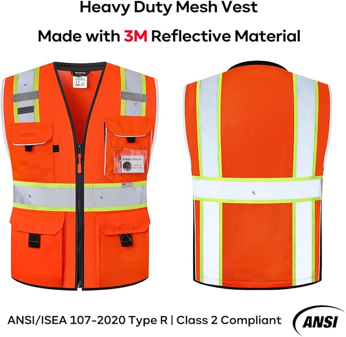 Neopelta Reflective Safety Vest Orange Mesh, Made with 3M Reflective Tape, Heavy Duty Vest with ID pocket, Padded Neck, Orange 2XL