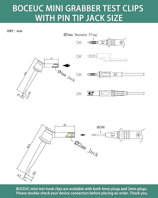 Mini Grabber Test Clip with 2MM Banana Jack, 2 PCS Multimeter Test Lead Hooks Clips Push on Test Probe Electronic Testing IC Grabber