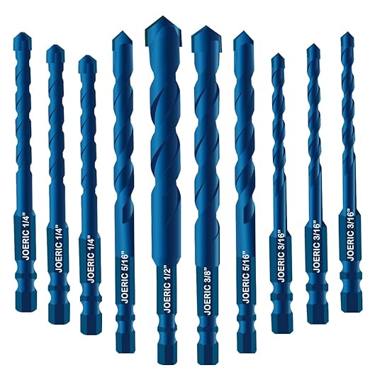10PCS Blue Masonry Drill Bits, Concrete Drill Bit Ceramic Tile Drill Bit Set Tungsten Carbide Tipped Ceramic Tile Drill Bits for Concrete Brick Glass Plastic and Wood（3/16”-1/2”）