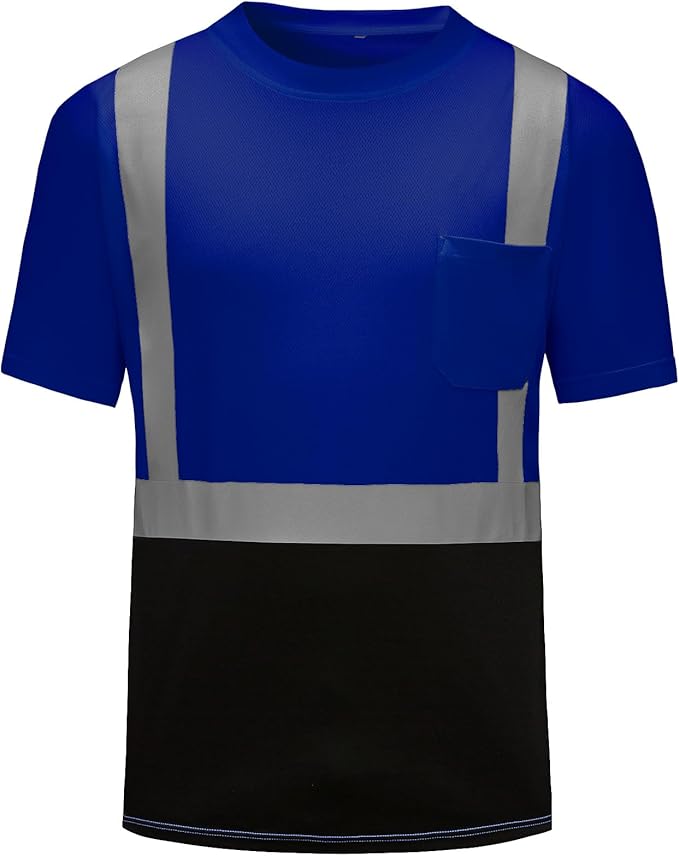 High Visibility Shirts Quick Dry Safety T Shirts with Reflective Strips and Pocket Short Sleeve Mesh Hi Vis Construction Work Class 2 Shirt for Men/Women Black Bottom Blue,2XL
