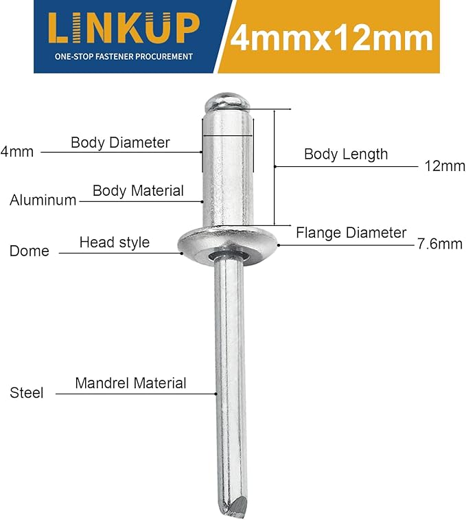 Linkup 235pcs pack 4mm x 12mm Pop blind Rivets, 4mm x 12mm pop rivets,Aluminum Body Steel Mandrel Rivets (Sliver),Dome Head aluminum rivets