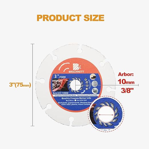 Carbide Multi Wheel,BRSCHNITT 3pcs 3 Inch (75mm) with Arbor 3/8 Inch (10mm) Tungsten Carbide Cut Off Wheel for Wood,Laminate,Gypsum Board,Plastic for Angle Grinder Cutting Disc.