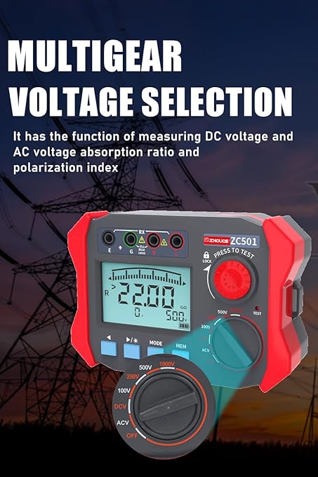 Digital Insulation Resistance Tester 100V-1000V /0.06MΩ-50.00GΩ Megohm Tester Auto Ranging 2000 Counts 2V~750V AC/DC Voltmeter with 500 Data Storage LCD Display(ZC-501)