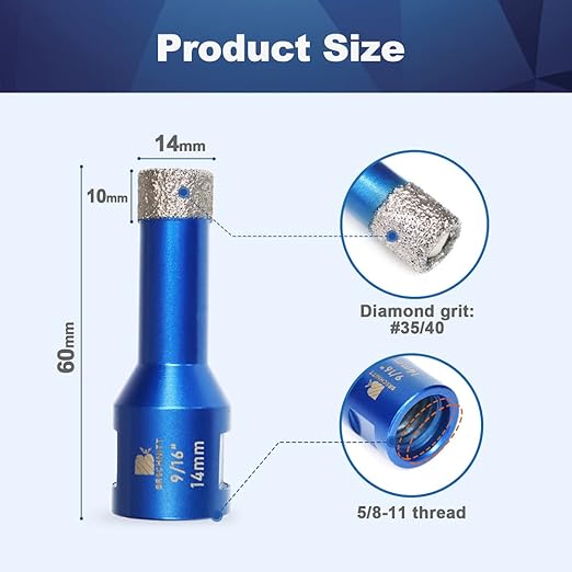 3/5 Inch Diamond Core Drill Bit for Porcelain Tile Ceramic Marble Granite Drilling,BRSCHNITT 1pc Vacuum Brazed Diamond Hole Saw with 5/8-11 Thread (14mm)